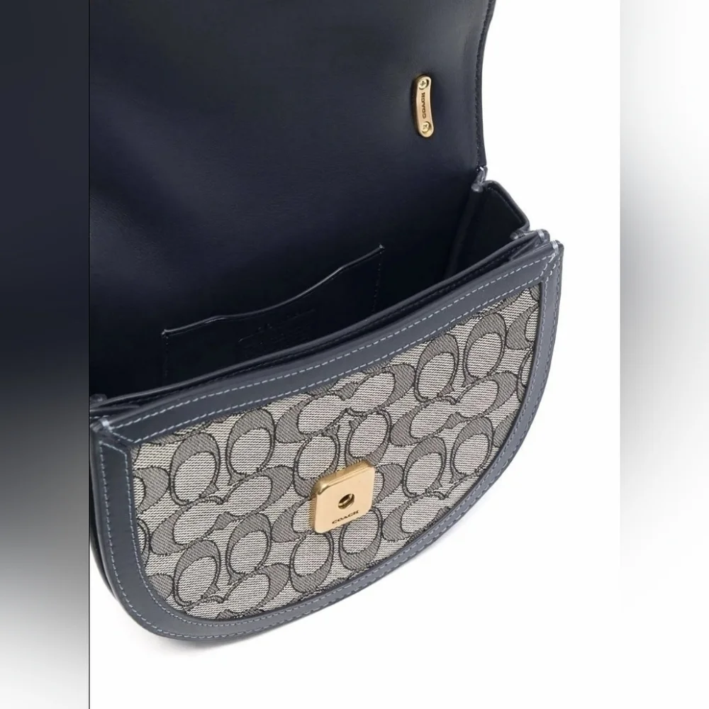 Coach Alie Saddle Crossbody Bag Navy Blue and Gold‎ Signature Jacquard Purse - Picture 12 of 14